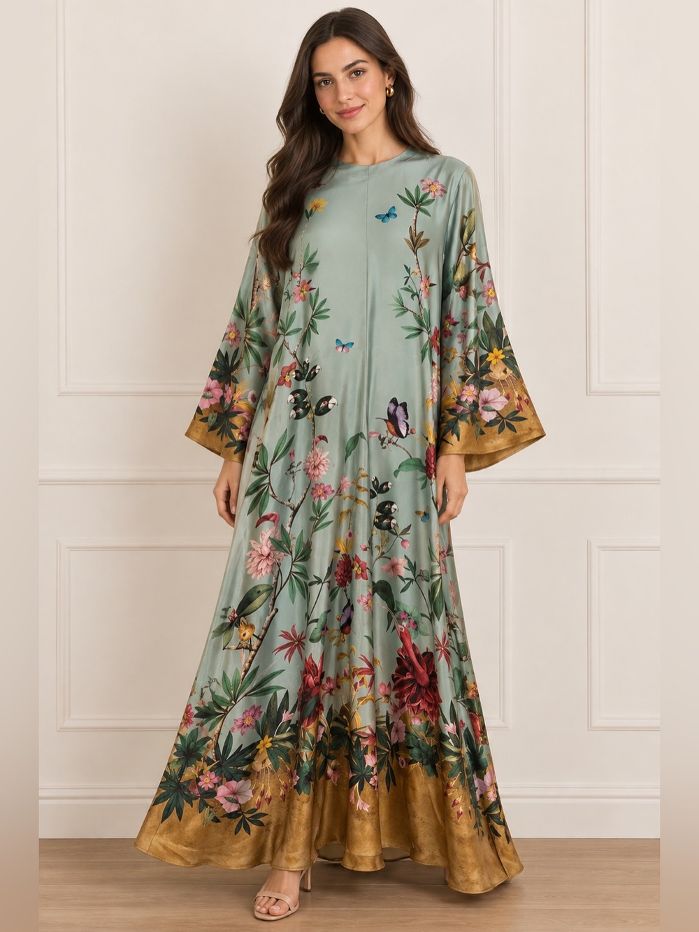 LA DoubleJ Sage Green Floral Maxi Dress with Gold Trim